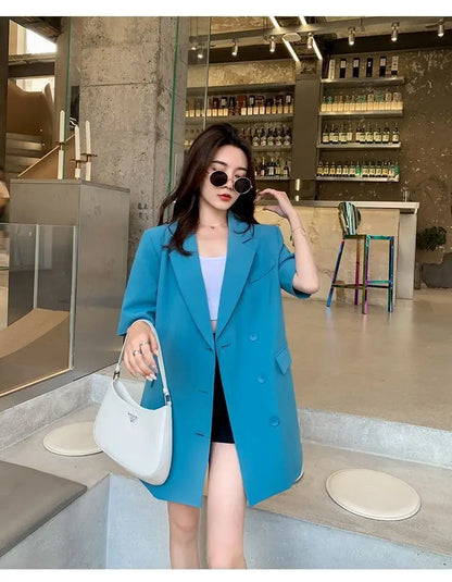 Korean Fashion Loose Thin Blazer Women Spring Autumn New Extra Large Mid Length Short Sleeved Women Coat Casual Outwear