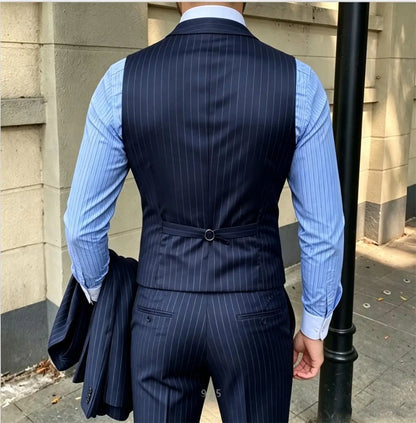 British Style Business Men's Striped Suit Vest Retro Double-breasted Elegant Slim Lapel Casual Men's Vest Retro Waistcoat Trendy