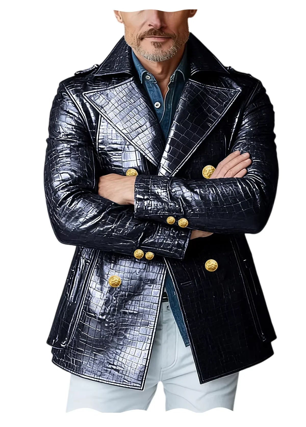 Men's Crocodile Embossed Leather Peacoat Double Breasted Gold Button Jacket Luxury Casual Overcoat