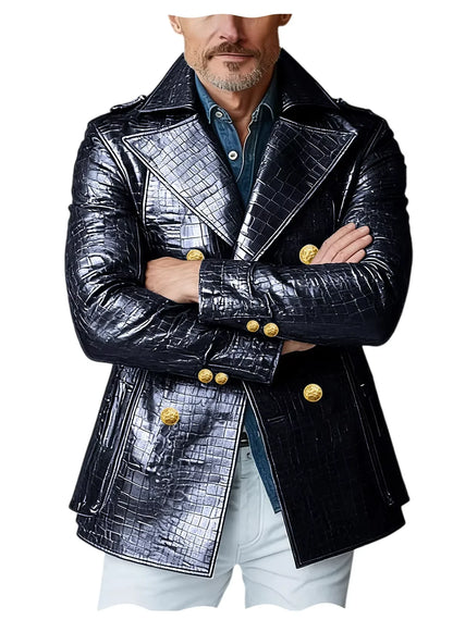 Men's Crocodile Embossed Leather Peacoat Double Breasted Gold Button Jacket Luxury Casual Overcoat