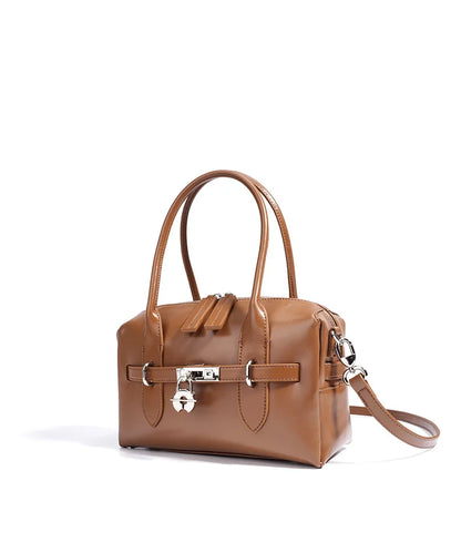 2025 Fall Winter New Top Grain Leather Spacious Boston Bag Lock Design Single Shoulder Crossbody Pack Women Commuting Handbag