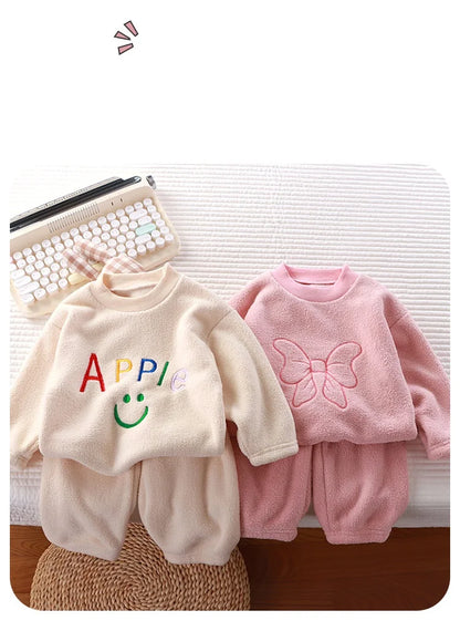 Winter Warm Kids Loungewear Suit Baby and Girls Boys Loose Embroidery Full Fleece Coat Tops+Pant Set Child 2PCS Homewear 1-8 Yrs