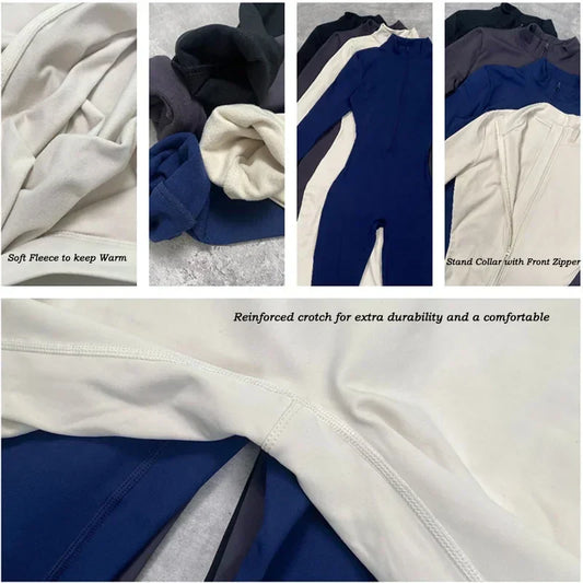 VITALINOVO Women Fleece Lined Workout Jumpsuits Long Sleeve Zip Up Yoga Romper Winter Warm Thermal One Piece Bodycon Bottom Pant