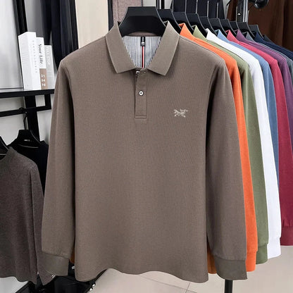 100% pure cotton high-end luxury brand men's long sleeved polo shirt autumn fashion original embroidery design golf top T-shirt