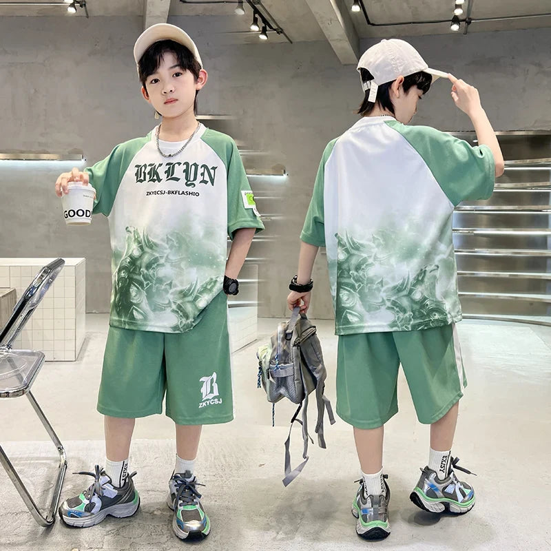 New Boys Clothing Sets Summer T-Shirt Short Sleeve+Shorts Kids Boy Sportsuit Children's Outfits Suit Teenager 5 6 8 10 12 14Yrs