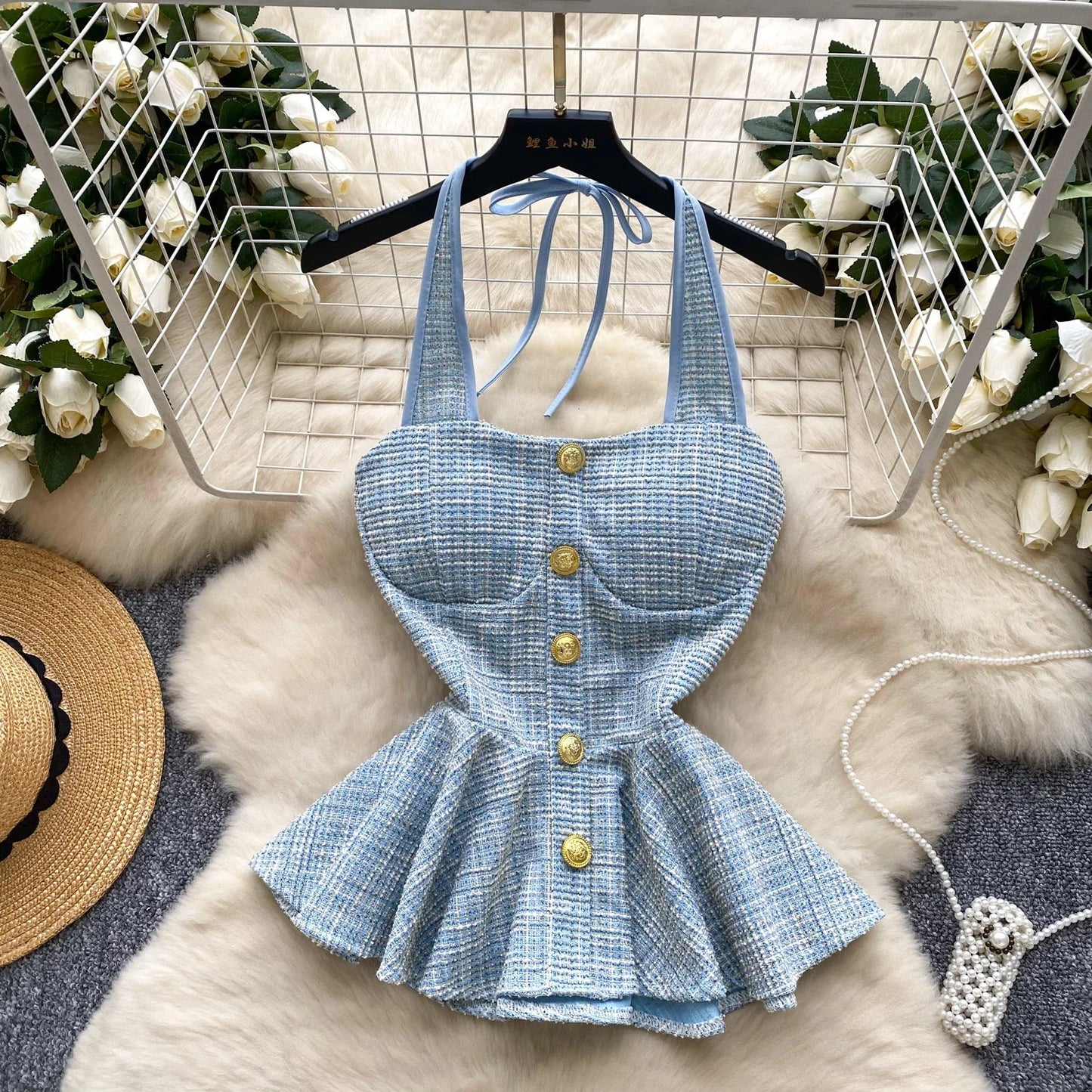 American Summer Women Camisole Halter Buttons Y2K Solid Slim Fit Tops Fashion Chic Tweed Design Hotsweet Tank Top
