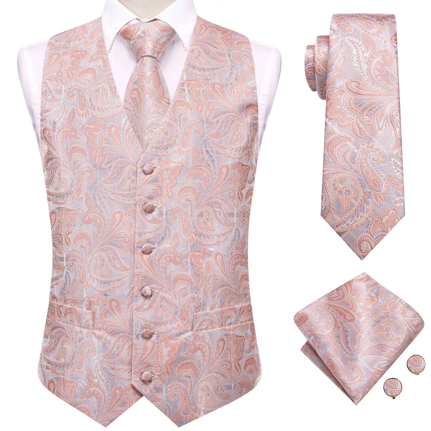 Wedding Coral Pink Mens Vest Silk Tie Set Adjustable Jacquard Waistcoat Jacket Necktie Hanky Cufflinks Formal Party Gifts