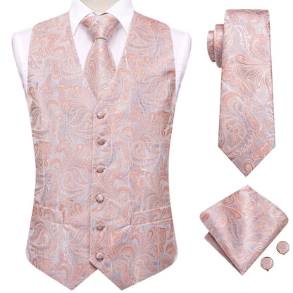 Wedding Coral Pink Mens Vest Silk Tie Set Adjustable Jacquard Waistcoat Jacket Necktie Hanky Cufflinks Formal Party Gifts
