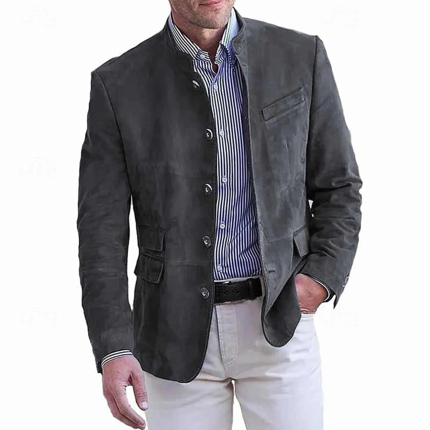 Autumn Winter Men'S Casual Blazer Jacket Stand Collar Long Sleeve Solid Color Single Breasted Button Fashion Jackets