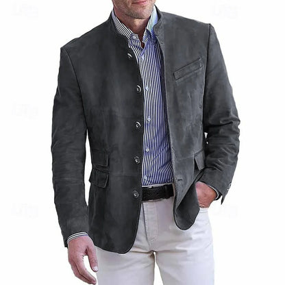 Autumn Winter Men'S Casual Blazer Jacket Stand Collar Long Sleeve Solid Color Single Breasted Button Fashion Jackets