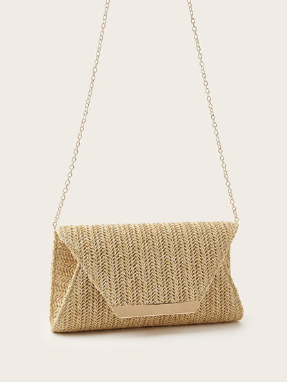 Women's Woven Clutch Bag, Beige, Solid Color, Summer, Holiday, Beach, Vacation Essential, Vacation Season, Versatile Business Commuter Women's Crossbody Bag, Casual, Simple, Beach