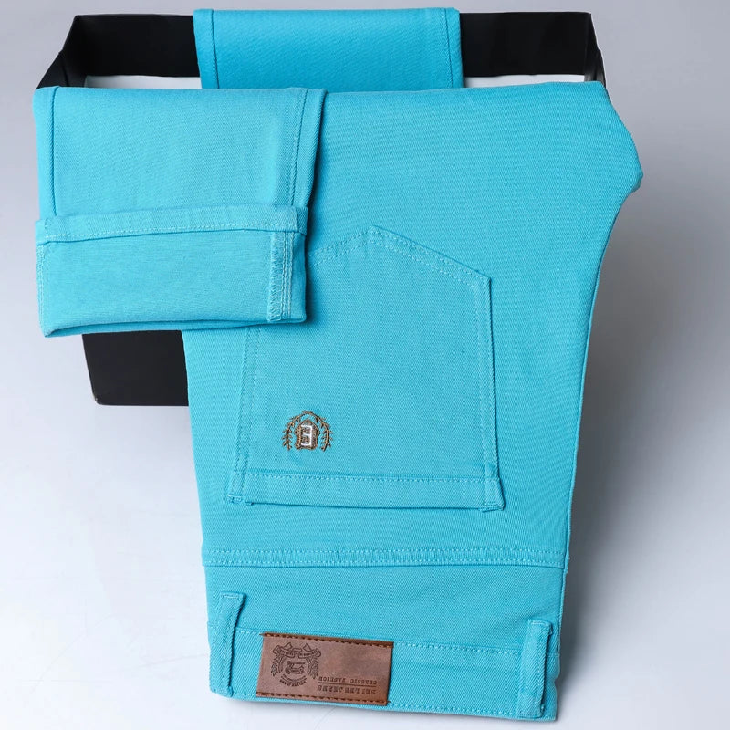 Spring New Men's Casual Jeans Fashion Korean Elastic Cotton Denim Pants Youth Trend Solid Color Fit Straight Trousers