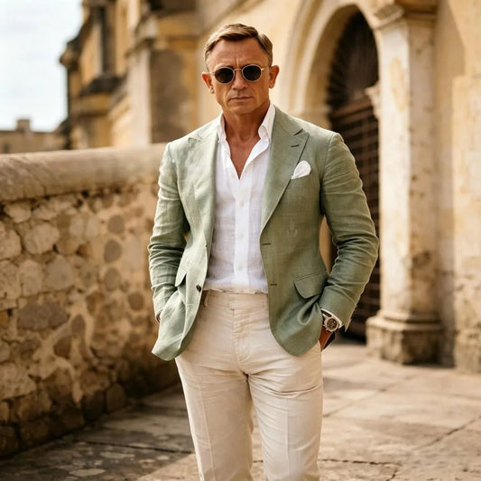 Sage Green 2 Pieces Men Suits Summer Lightweight Linen Slim Fit Casual Wedding Prom Party Blazer Jacket & Pants Set Breathable