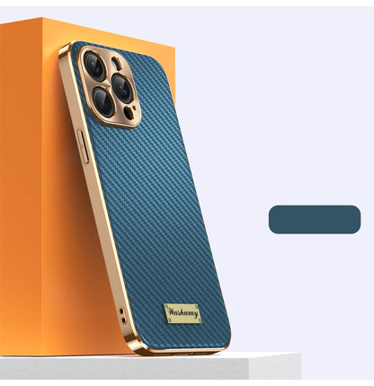 Luxury Plating Leather Carbon Fiber Texture Phone Case For iPhone 17 16 15 14 13 Pro Max Plus 17Air Alloy Lens Shockproof Cover