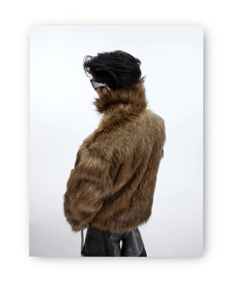Winter Short Thick Warm Brown Hairy Soft Faux Fur Coat Men with Turn-down Collar Long Sleeve Fluffy Jackets 2024
