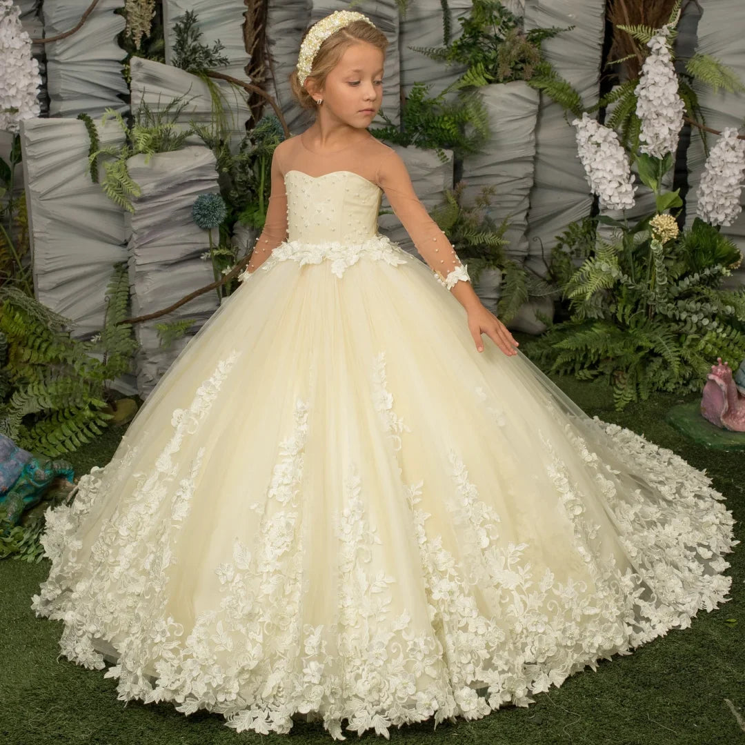 Customized Flower Girl Dress Light Champagne Pearls Floral Appliques Long Sleeve For Wedding Birthday Prom Holy Communion Gown