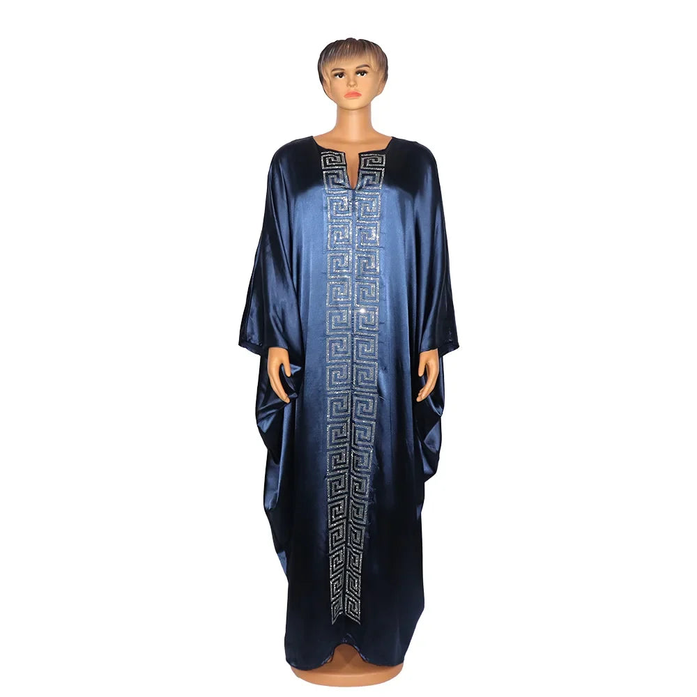 Fashion African Woman Large Size Bat Sleeve Dress Muslim Islamic Style Robe Imitation Silk Hot Fix Rhinestone