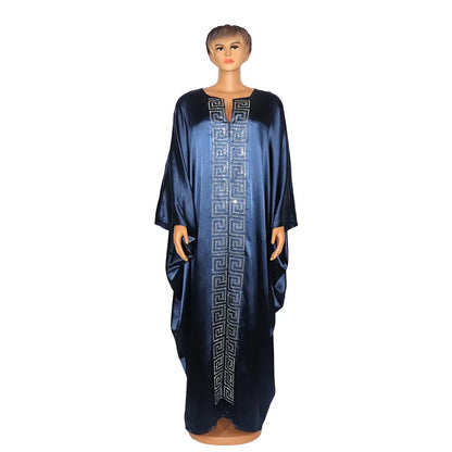 Fashion African Woman Large Size Bat Sleeve Dress Muslim Islamic Style Robe Imitation Silk Hot Fix Rhinestone