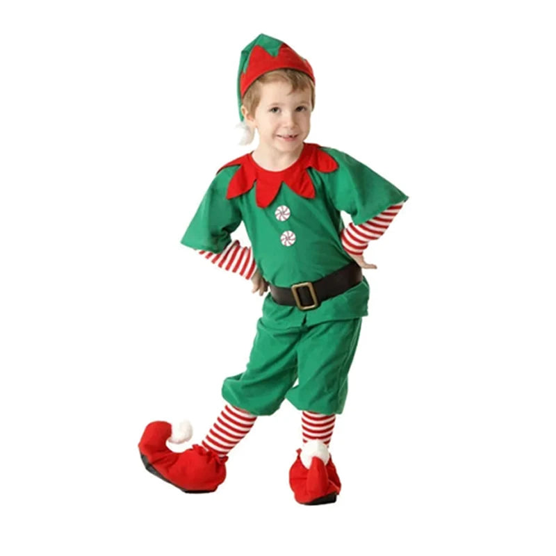 2026 Girl Boy Christmas Elf Costumes Santa Claus Kid Suit Festival Halloween Cosplay Sets Green Elves Clothes
