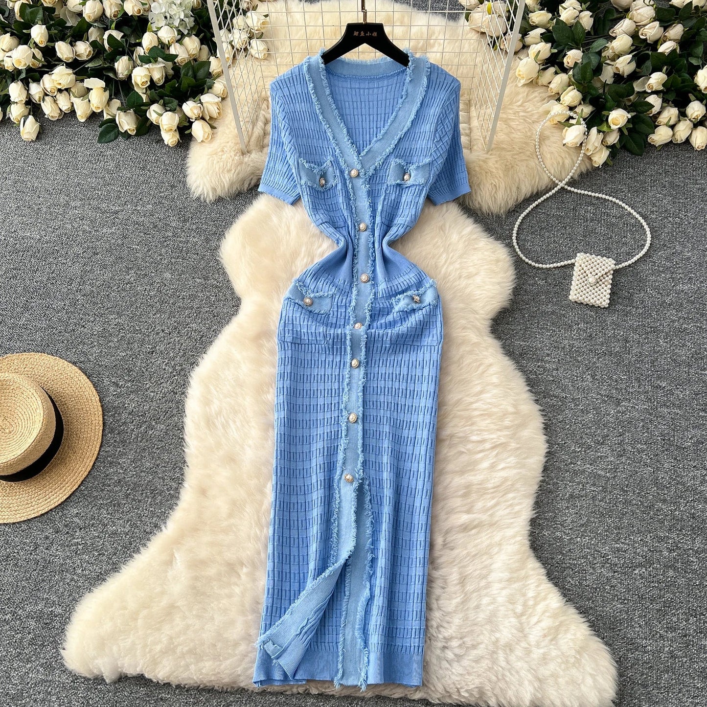 High Quality Elastic Knitted Long Sundress Women Short Sleeves Button Design Office Lady Vintage Split Slim Dress