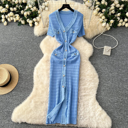 High Quality Elastic Knitted Long Sundress Women Short Sleeves Button Design Office Lady Vintage Split Slim Dress