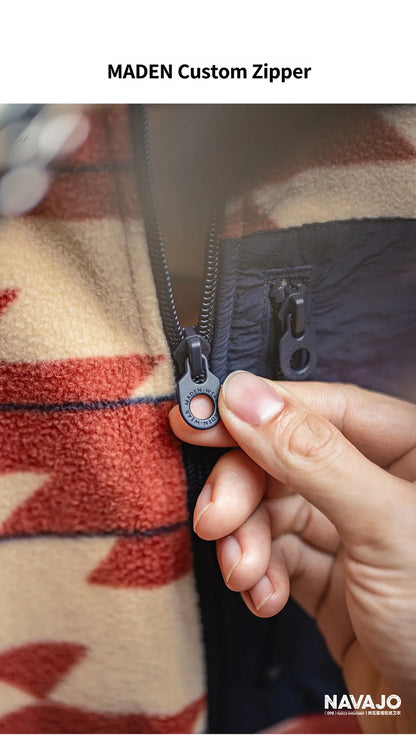 Men's Vintage Navajo Polar Fleece Jacket Stand Collar Zip-Up Patchwork Sweatshirt Warm Cardigan for Spring and Autumn Coat