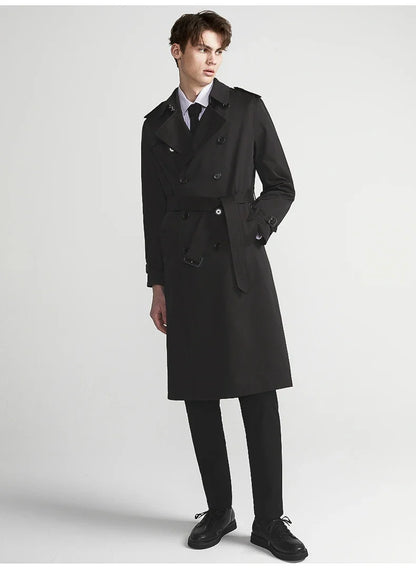 Spring Autumn Long Chic Khaki Trench Coat Men Belt Double Breasted Elegant Luxury British Style Black Overcoat 2025