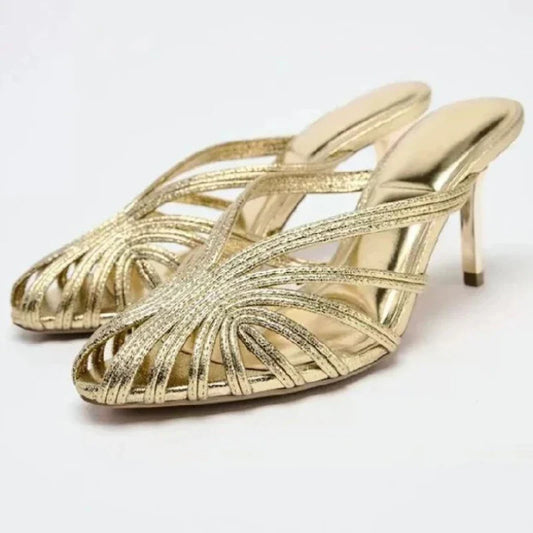 Gold Luxury Thin Heel Slippers Women Dress Shoes Summer New 2025 Hollow Beach Shoes Slides Designer Brand Sandals Ladies Pumps