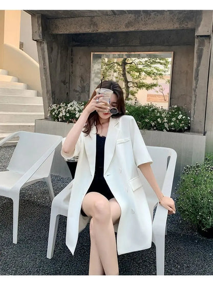 Korean Fashion Loose Thin Blazer Women Spring Autumn New Extra Large Mid Length Short Sleeved Women Coat Casual Outwear