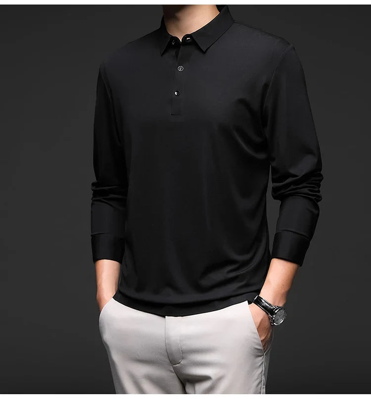 Mulberry Silk Men's Polo Shirts Luxury Long Sleeve Solid Color Golf Male T-shirts Spring Autumn Business Casual Man Tees