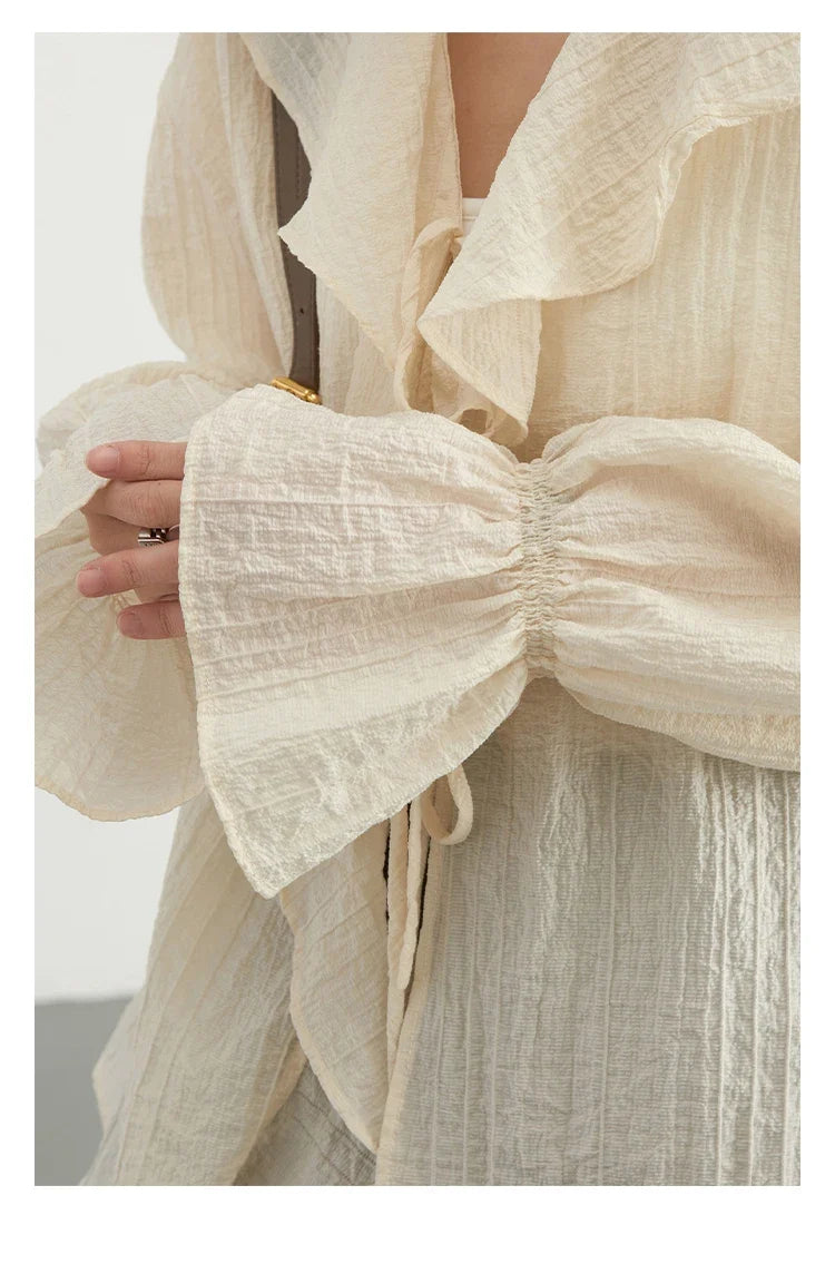 Women Shirt Loose Casual Ruffled Edges Female Blouses Solid V Neck Lace Up Mid Length Ladies Shirts Spring Summer 2026