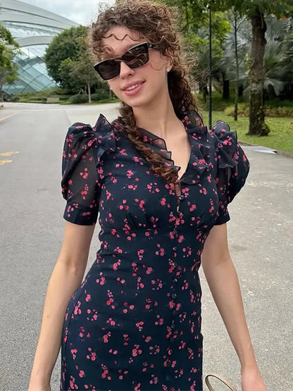 Floral Print Women's Summer Ruffle Dress Sexy V-neck Short Puff Short Sleeve Beach Slim Female Dress 2026 Holidays Lady Robe