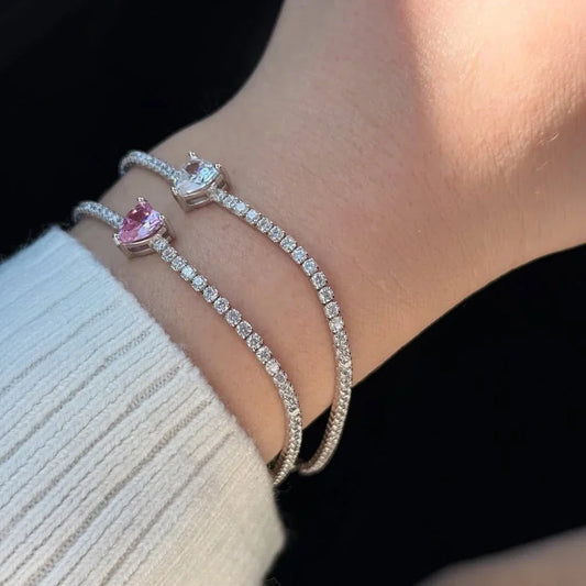Bracelets de tennis en moissanite ronde de 2 mm avec bracelet diamant taille cœur rose et blanc de 5 mm pour femmes et hommes, en argent sterling 925