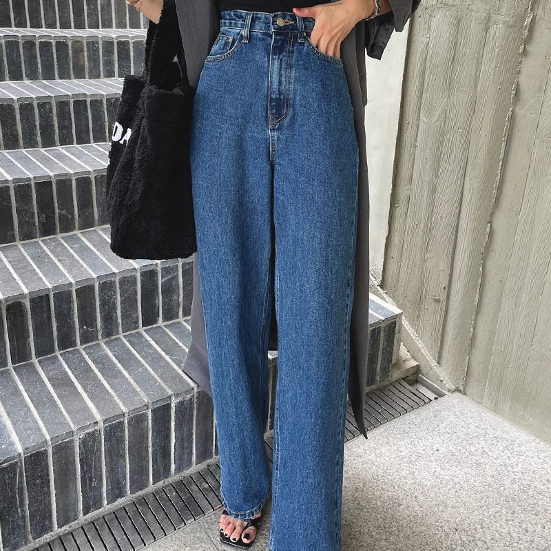 Retro High Waist Straight Leg Blue Jeans Women's Autumn Spring Season Versatile Loose Fit Long Pants Ladies Premium Denim