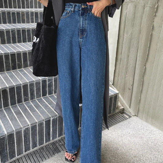 Retro High Waist Straight Leg Blue Jeans Women's Autumn Spring Season Versatile Loose Fit Long Pants Ladies Premium Denim