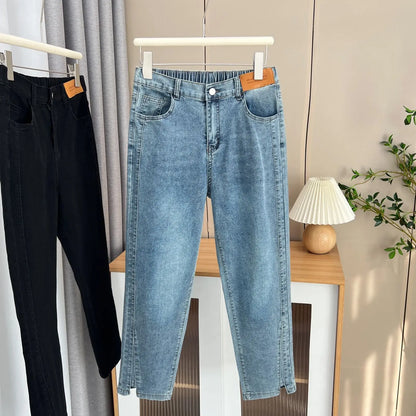 Women's Split Leg Opening Drainpipe Jeans, Casual Ankle Length Denim Pants, Straight Leg, Plus Size, Spring, Autumn, 100kg, 1649