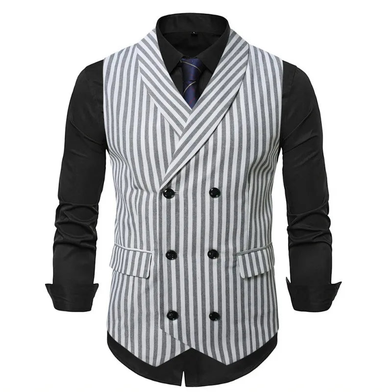 Man Suit Vest Vintage Striped Double-breasted Men Waistcoat British Style Slim Sleeveless Casual Versatile Male Vest