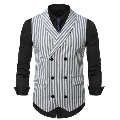 Man Suit Vest Vintage Striped Double-breasted Men Waistcoat British Style Slim Sleeveless Casual Versatile Male Vest