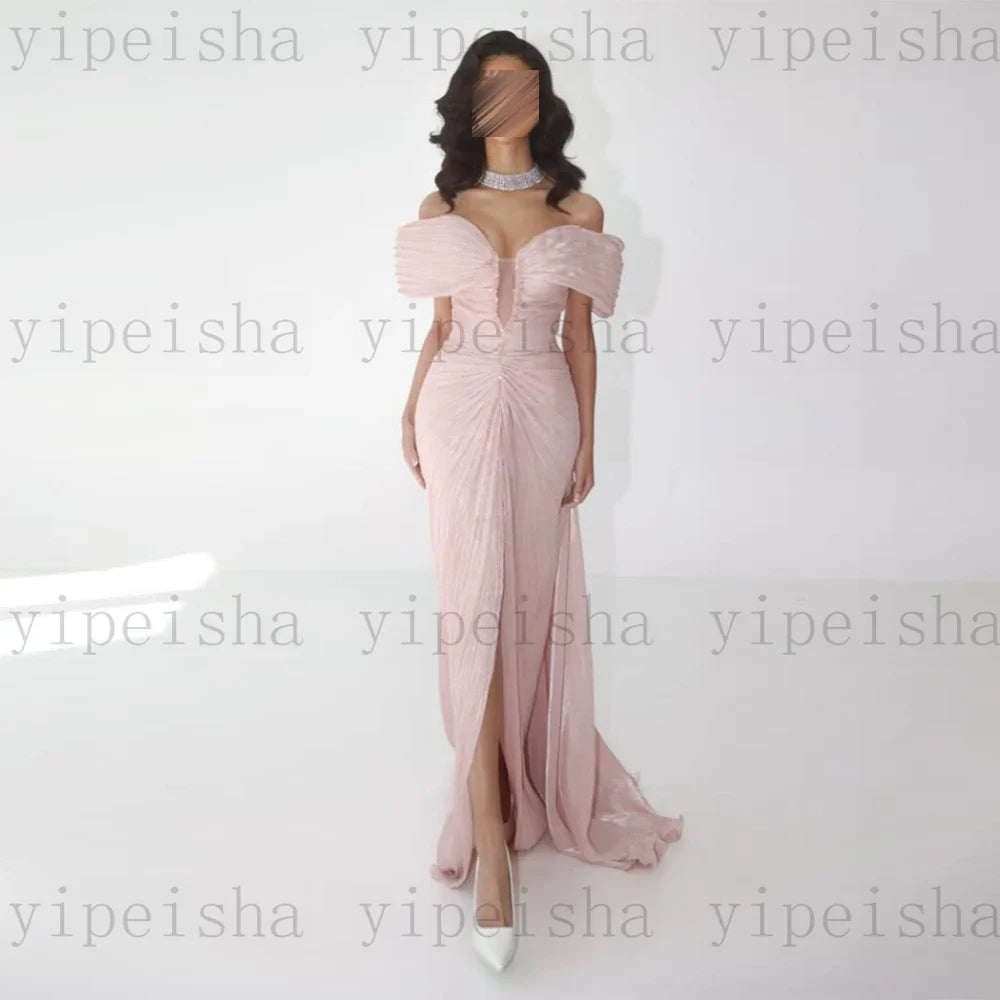 Customized Deep V-Neck Evening Dresses Off The Shoulder Pleat Backless Fornt Slit mermaid Prom Gown Long organza Party Dress
