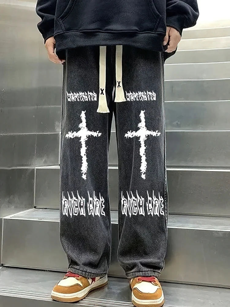 Printed Black Baggy Jeans Pants Men Straight Oversize Graphic Casual Wide Leg Denim Long Trousers Korean Drawstring Sweatpants