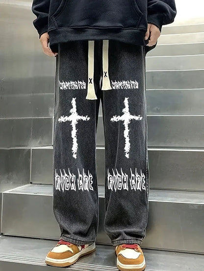 Printed Black Baggy Jeans Pants Men Straight Oversize Graphic Casual Wide Leg Denim Long Trousers Korean Drawstring Sweatpants