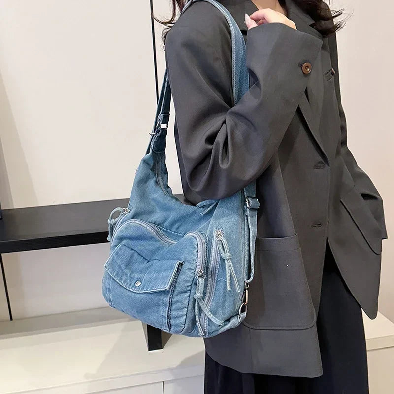 Solid Color Denim Trendy Shoulder Bag for 2025 High Quality Fashion Zipper Large Capacity Versatile Women's Crossbody Bag