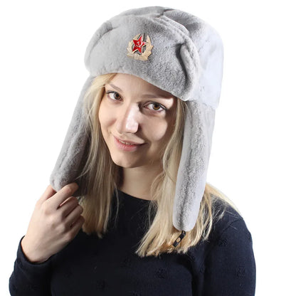 Winter Women Soviet Badge Bomber Hat Warm Faux Rabbit Fur Pilot Ushanka Windproof Thermal Earflap Hats For Men Ski Caps