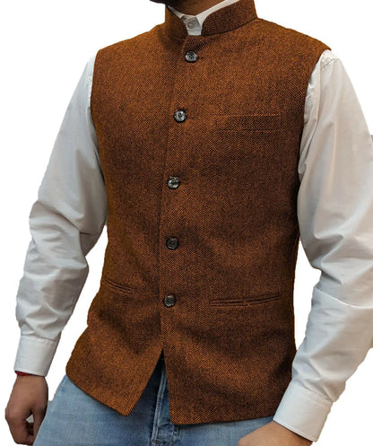 Mens Retro Vest Herringbone Wool Blended Smart Casual Stand Collar Single Breasted Waistcoat Adjustable Buckle Men's Suit Vest
