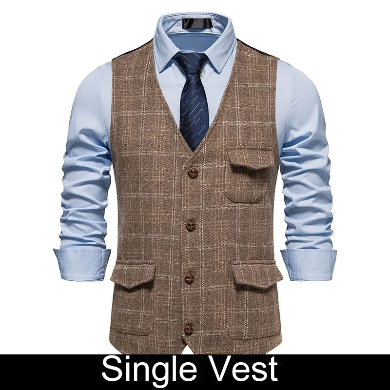 Man Waistcoat British Style Plaid Single-breasted Men Suit Vest Retro Slim V-neck Sleeveless Pocket Male Casual Vest