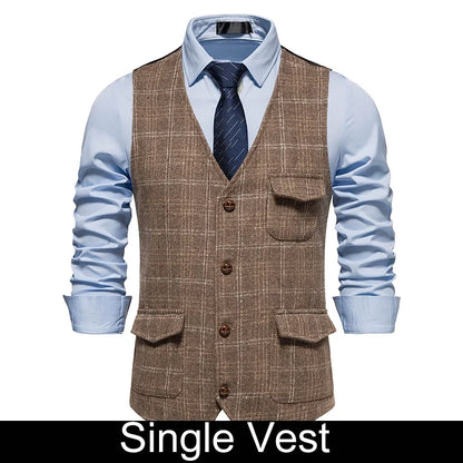 Man Waistcoat British Style Plaid Single-breasted Men Suit Vest Retro Slim V-neck Sleeveless Pocket Male Casual Vest