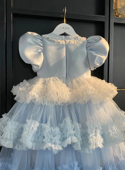 Sweet Little Girls Spring and Summer New Heavy Princess Gown Childrens Puff Sleeve Pearl Sequined Mesh Birthday Party Cake Dress
