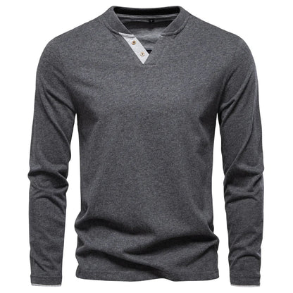 100% Cotton T-shirt Men Casual Solid Color Long Sleeve Sweater Autumn Fashion High Quality Henley Collar Mens T-shirts