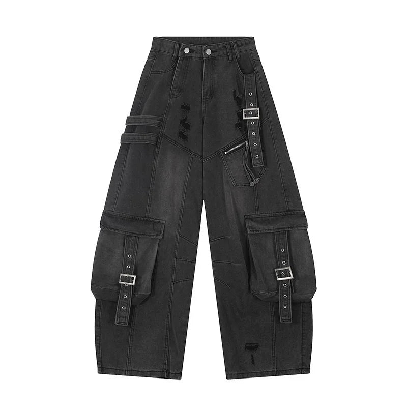2025 Cyber Y2K Streetwear Washed Blue Baggy Ripped Cargo Jeans Pants For Men Clothing Wide Leg Vintage Loose Punk Denim Trousers