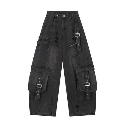 2025 Cyber Y2K Streetwear Washed Blue Baggy Ripped Cargo Jeans Pants For Men Clothing Wide Leg Vintage Loose Punk Denim Trousers